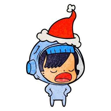 el giyen Noel Baba şapkası açıklayan bir astronot kadının dokulu çizgi film çekilmiş