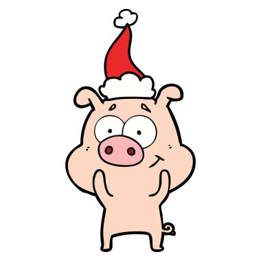 mutlu el çekilmiş domuz Noel Baba şapkası giyen bir çizgi çizme