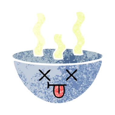 Retro illüstrasyon tarzı çizgi film tas sıcak çorba