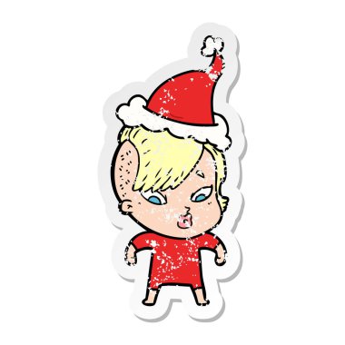 Noel Baba şapkası giyen bir sürpriz kız sıkıntılı etiket karikatür el çekilmiş