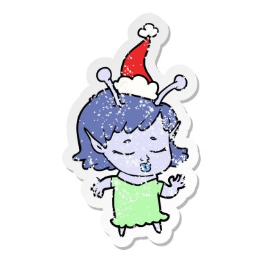 etiket karikatür giyen Noel Baba şapkası, sevimli yabancı kız elle çizilmiş sıkıntılı