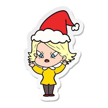 etiket karikatür Noel Baba şapkası giyen stresli bir kadının
