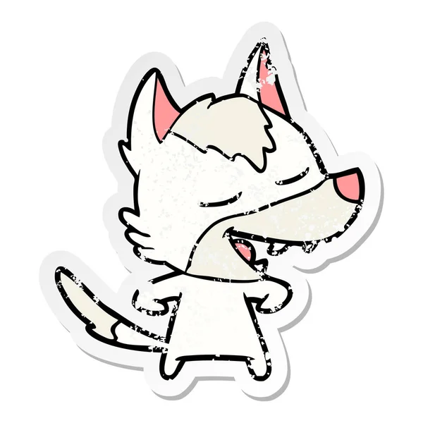 Verontruste Sticker Van Een Cartoon Wolf Lachen — Stockvector