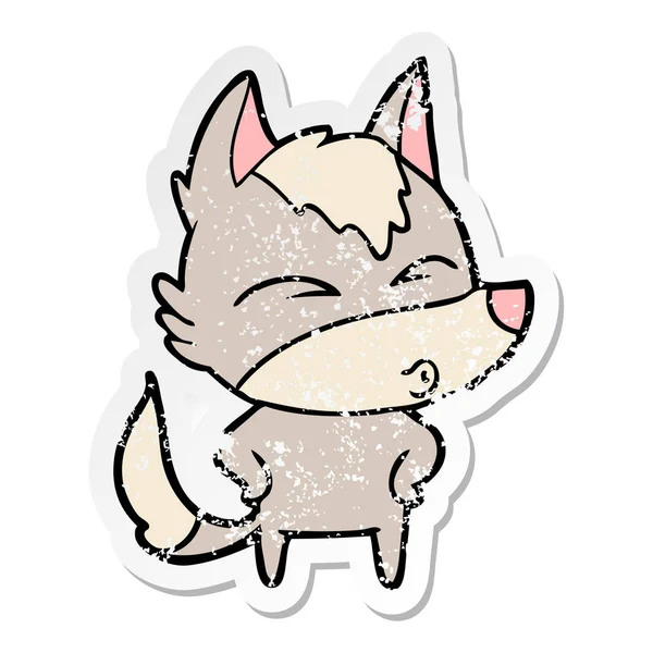 Distressed Sticker Cartoon Wolf Whistling — Stock Vector