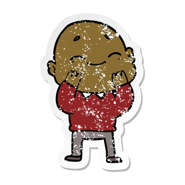 Distressed Sticker Happy Cartoon Bald Man — Stock Vector