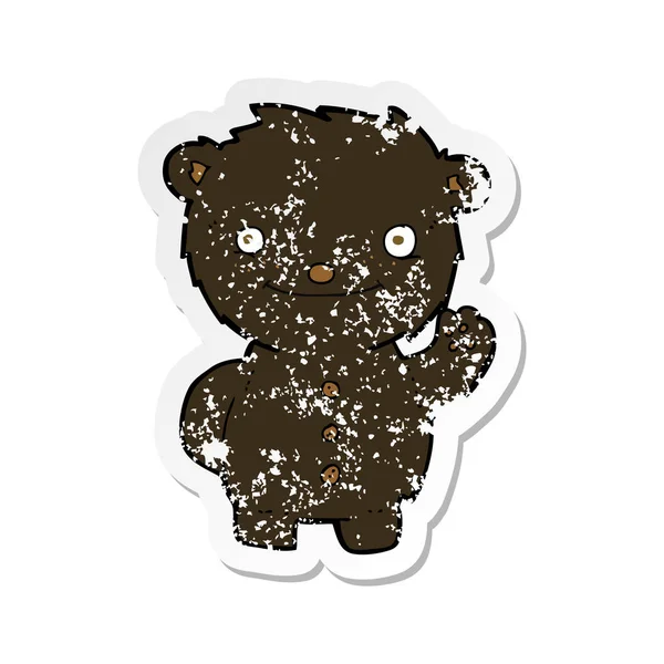 Adesivo Angustiado Retro Urso Preto Acenando Desenhos Animados — Vetor de Stock