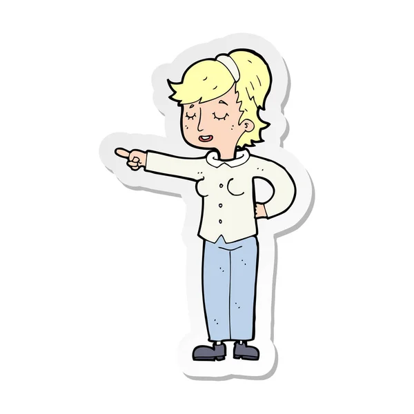 Sticker Cartoon Friendly Woman Pointing — Stock Vector