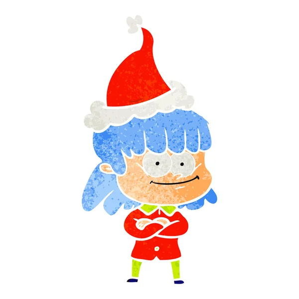 Noel Baba Şapkası Giyen Bir Gülümseyen Kadın Retro Karikatür Çekilmiş — Stok Vektör