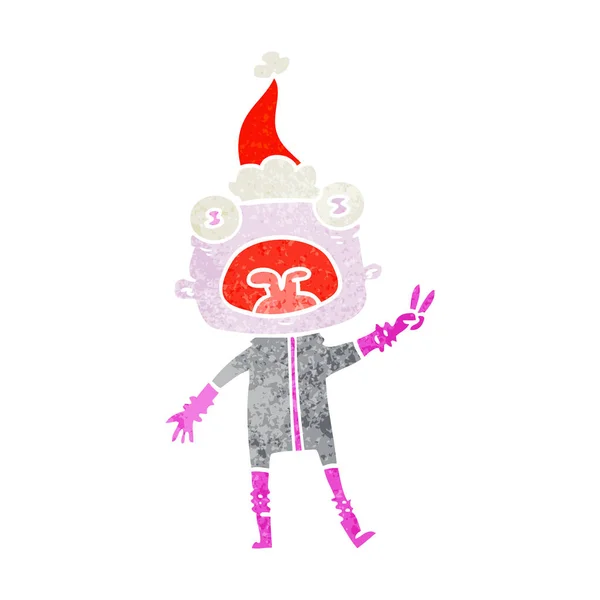 手绘复古卡通一个奇怪的外星人挥舞着圣诞老人的帽子 — 图库矢量图片