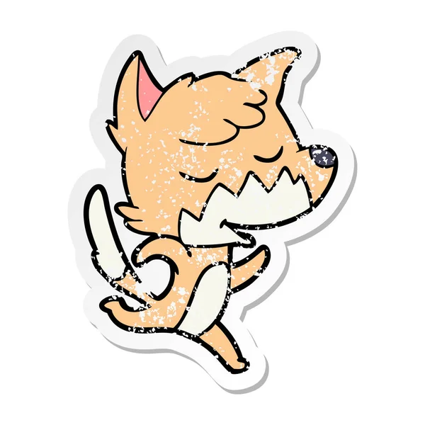 Verontruste sticker van een vriendelijke cartoon fox — Stockvector