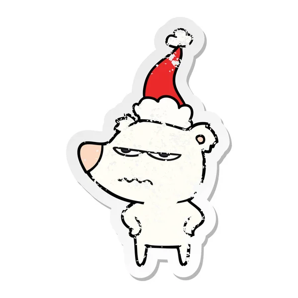Angry Bear Polar Hand Drawn Distressed Sticker Cartoon Wearing Santa — Stock Vector