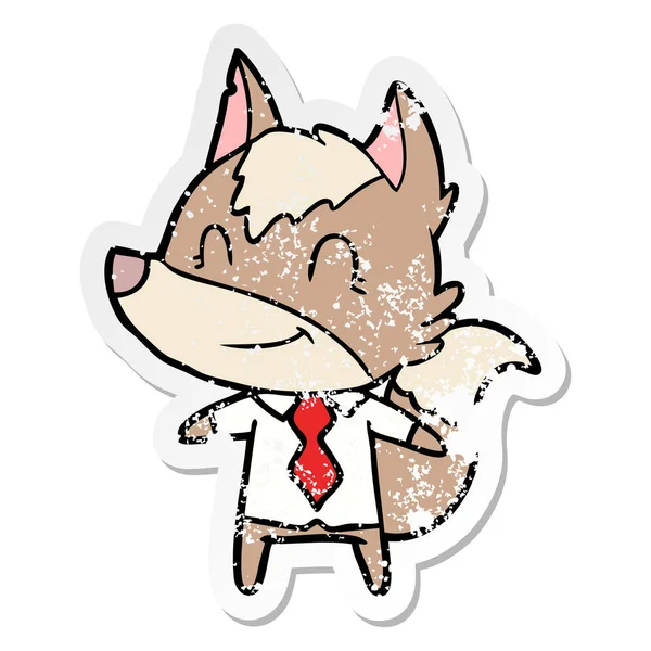 Distressed Sticker Friendly Cartoon Wolf Office Worker — Stock Vector