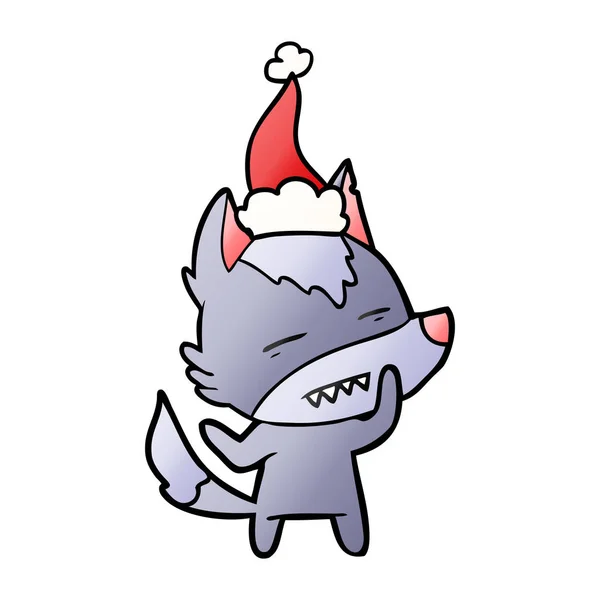 Gradient cartoon of a wolf showing teeth wearing santa hat — стоковый вектор