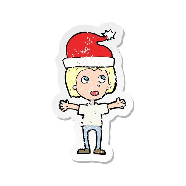 Retro distressed sticker of a cartoon boy in christmas hat — Stock Vector