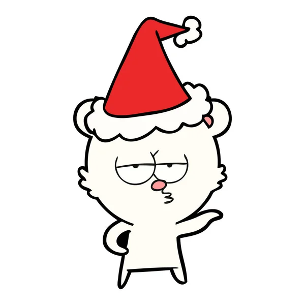 Aburrido Oso Polar Dibujado Mano Línea Dibujo Sombrero Santa Claus — Vector de stock