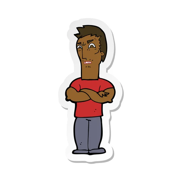 Sticker Cartoon Annoyed Man Folded Arms — Stock Vector