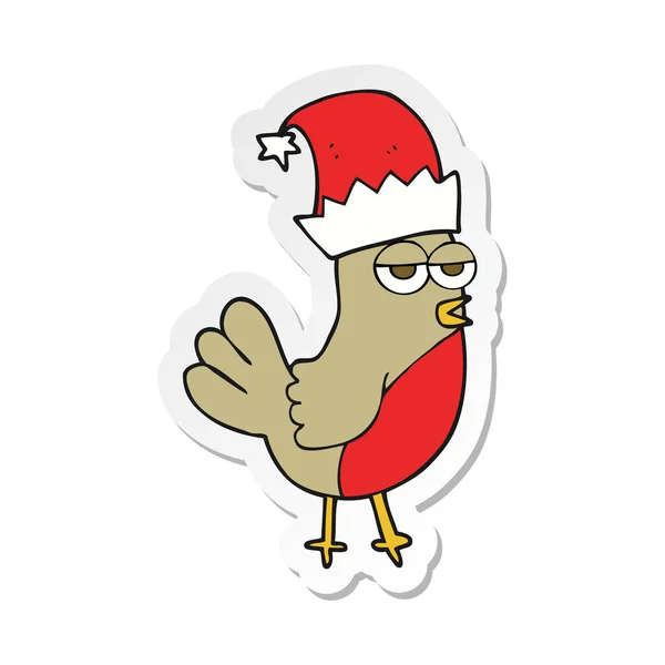 Sticker Cartoon Robin Christmas Hat — Stock Vector