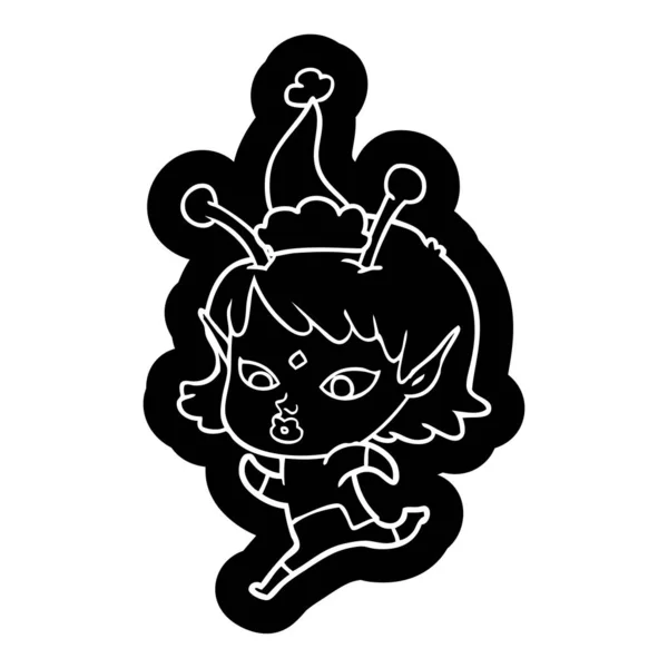 Ícone bonito dos desenhos animados de uma menina alienígena correndo usando chapéu de santa —  Vetores de Stock