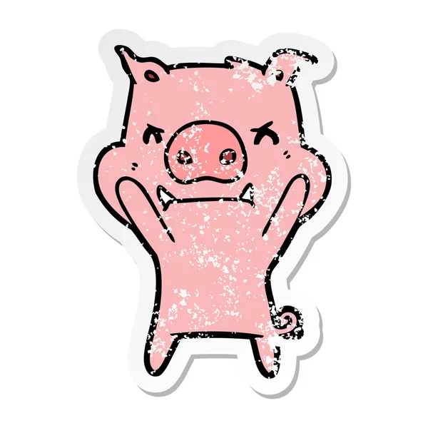 Distressed sticker of a angry cartoon pig — Stock Vector