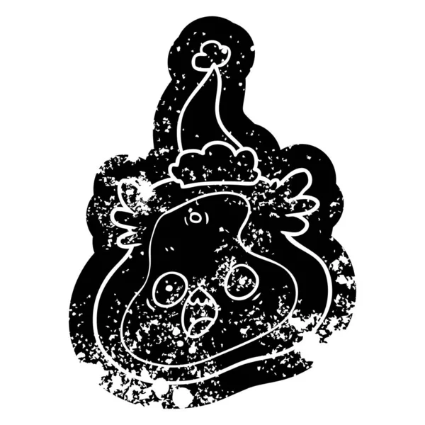 Icône en détresse de dessin animé d'un germe portant santa chapeau — Image vectorielle