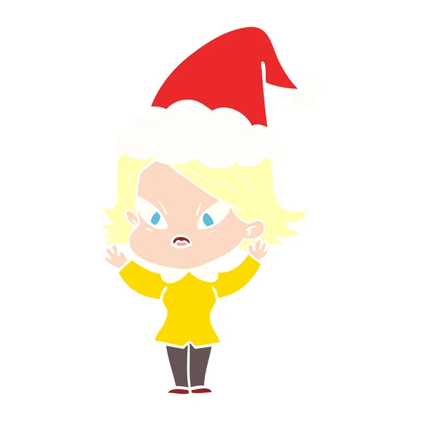 Hand Drawn Flat Color Illustration Stressed Woman Wearing Santa Hat — Stock Vector