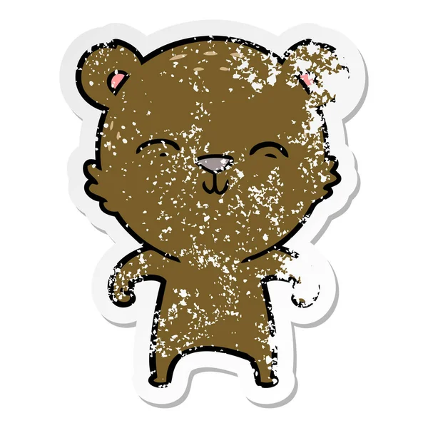 Distressed Sticker Happy Cartoon Bear — Stock Vector