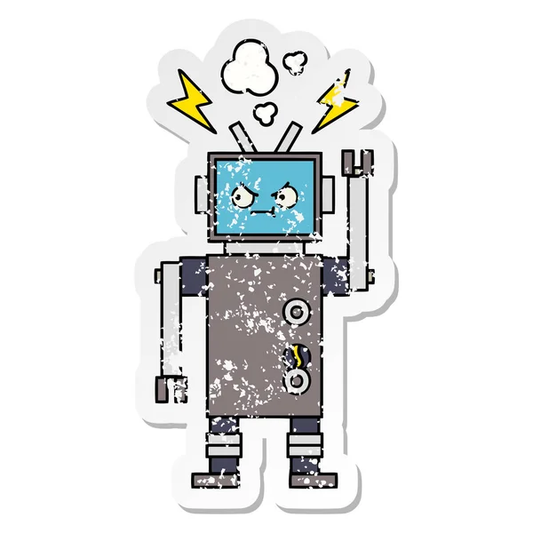かわいい漫画のロボットの苦しめられたステッカー — ストックベクタ