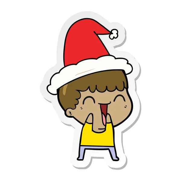 Handgezeichnete Sticker Karikatur Eines Glücklichen Mannes Mit Weihnachtsmütze — Stockvektor