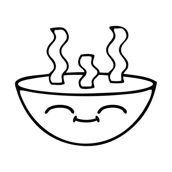 Línea Dibujo Dibujos Animados Tazón Sopa Caliente — Vector de stock