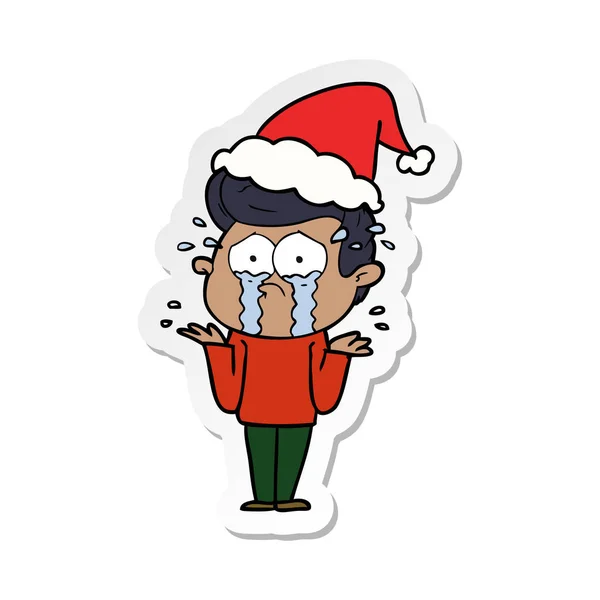 Hand Dras Klistermärke Cartoon Gråtande Man Santa Hatt — Stock vektor