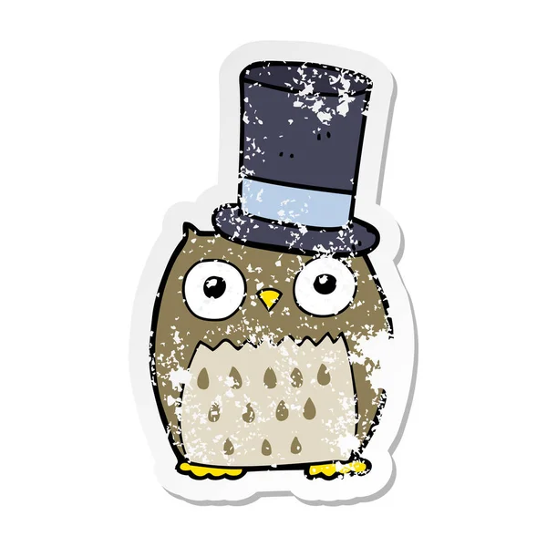 Distressed Sticker Cartoon Owl Wearing Top Hat — Stock Vector