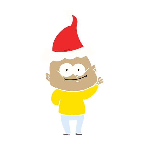 手绘扁平的颜色插图一个秃头男子盯着戴着圣诞老人的帽子 — 图库矢量图片
