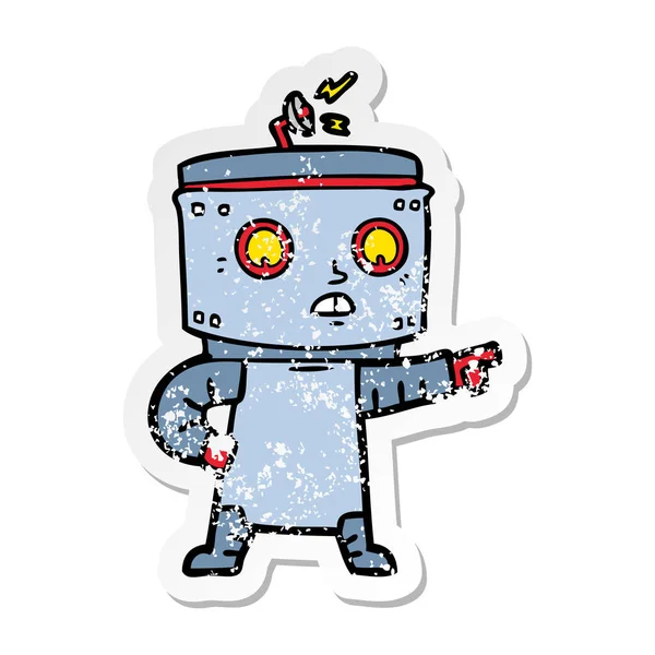 Verontruste sticker van een cartoon robot wijzen — Stockvector