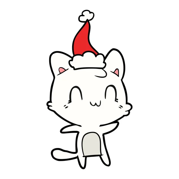 Desenho Linha Desenhada Mão Gato Feliz Usando Chapéu Santa —  Vetores de Stock