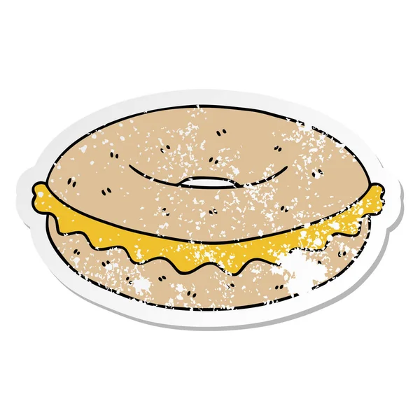 Distressed sticker of a quirky hand drawn cartoon cheese bagel — Stock Vector