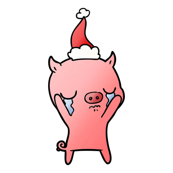 Desenho animado gradiente de um porco chorando usando chapéu de santa — Vetor de Stock