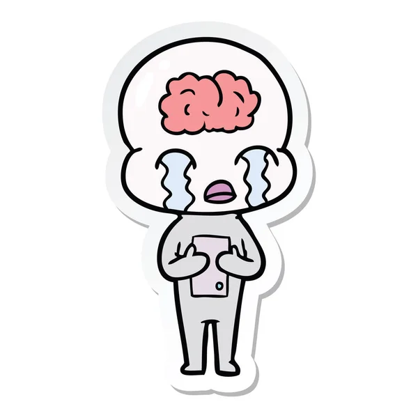 Sticker Cartoon Big Brain Alien Crying — Stock Vector