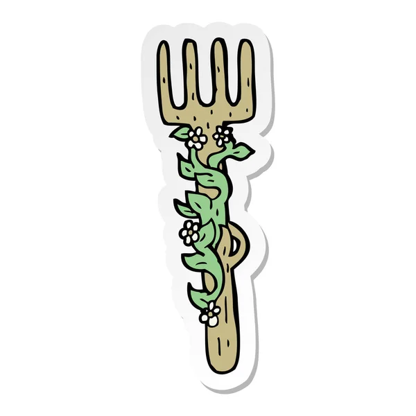 Sticker of a cartoon ornate wooden fork — Stock Vector