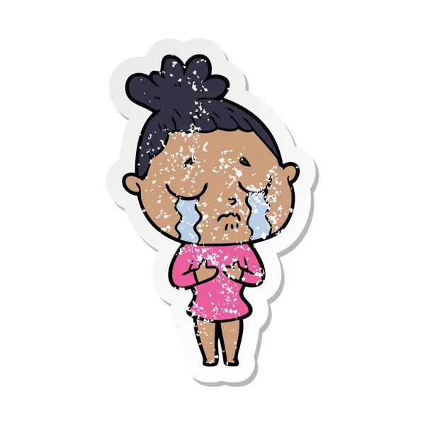 Autocollant affligé d'une femme pleure de dessin animé — Image vectorielle