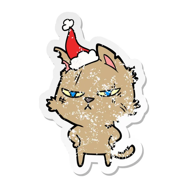 Sıkıntılı Etiket Karikatür Noel Baba Şapkası Giyen Bir Kedi Sert — Stok Vektör