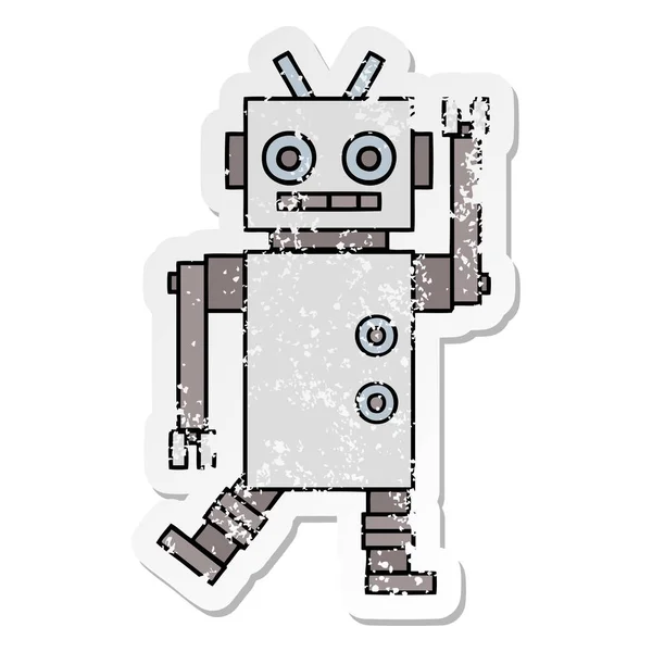 Distressed Sticker Cute Cartoon Dancing Robot — Stock Vector