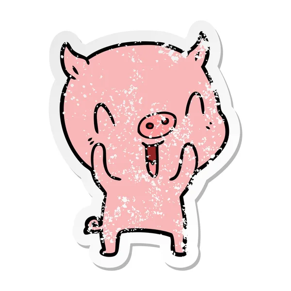 Distressed Sticker Happy Cartoon Pig — Stock Vector