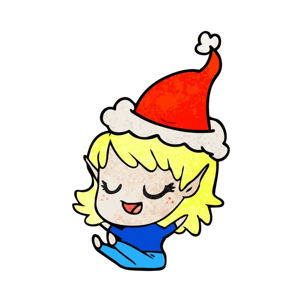 Happy Hand Drawn Textured Cartoon Elf Girl Sitting Wearing Santa — Stock Vector