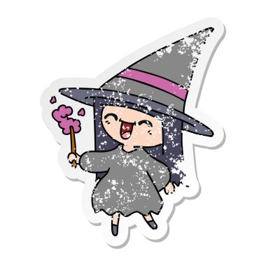 serbest el çekilmiş sıkıntılı etiket karikatür şirin kawaii cadı