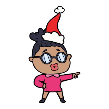 çizim için Noel Baba şapkası giyen gözlük takan bir işaret eden kadının el çekilmiş