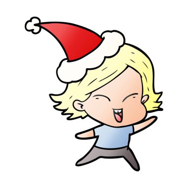 mutlu el santa şapka giymiş bir kızın degrade çizgi film çekilmiş