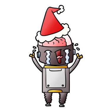 ağlayan robot giyen Noel Baba şapkası, degrade çizgi film
