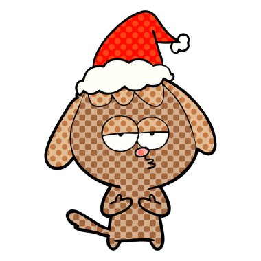 çizgi roman tarzı illüstrasyon sıkılmış bir köpek Noel Baba şapkası giyen el çekilmiş