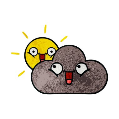 Retro grunge doku karikatür bir fırtına bulutu ve güneş