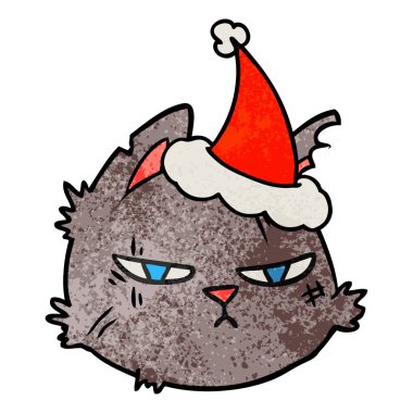 Noel Baba şapkası giyen bir zor kedi yüz dokulu çizgi film el çekilmiş